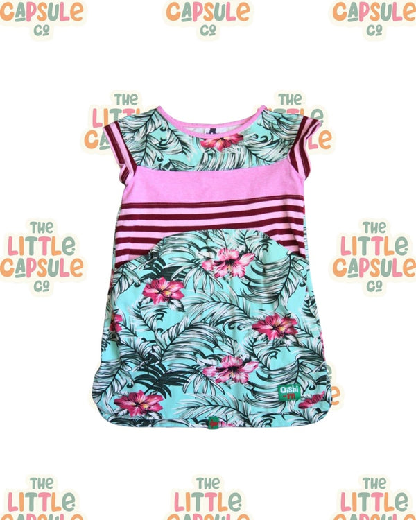 Oishi-M Oversized Tee – Hawaiian Print & Pink Stripe