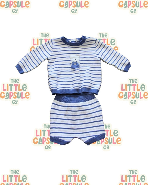 Mayoral Blue Stripe Knit Set with Teddy Bear