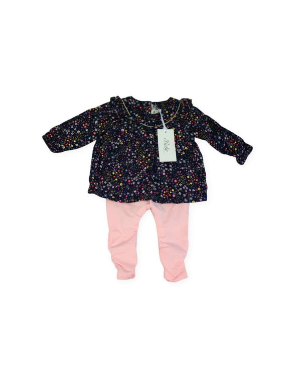 Bebe Pink Tights & Blue Floral Blouse Set
