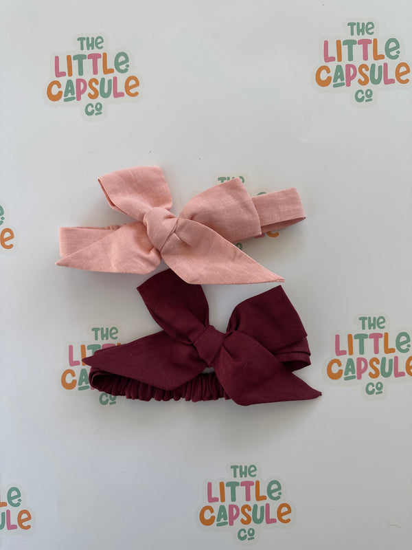 Handmade Linen Bow Headbands Set 2 (Pink & Plum)
